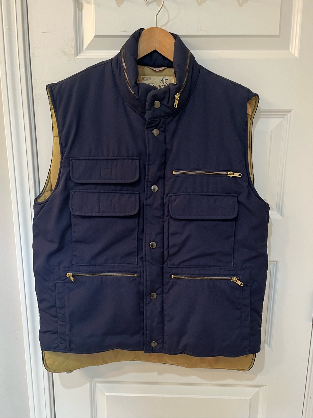 VTG Sears Fieldmaster Puffer Vest Mens Large Tall LT Blue Utility Fishing Pocket